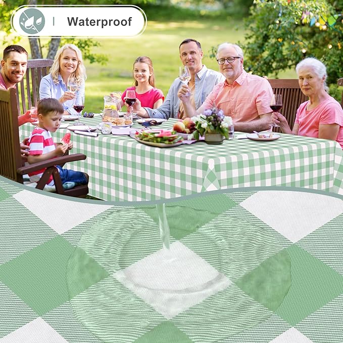 misaya Rectangle Waterproof Vinyl Table Cloth, Buffalo Flannel Backed Tablecloth, Wipeable Plastic Table Cover for Dinner, Kitchen, Outdoor (60" x 120", Sage Green and White)