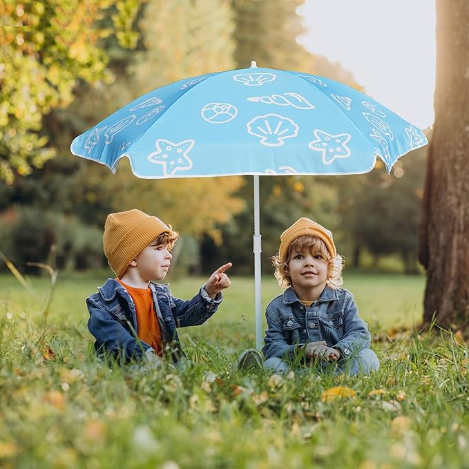 AMMSUN 47 Inch Seaside Beach Umbrella for Sand Box Water Table Kids Durable Umbrellas for children Picnic Beach Camping Garden Outdoor Play Shade Blue Shell