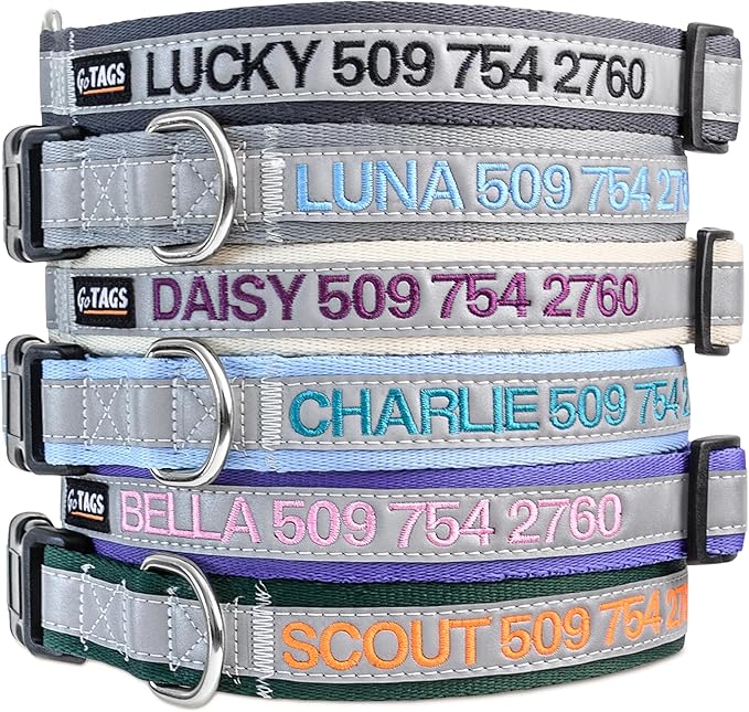 GoTags Reflective Personalized Dog Collar, Custom Embroidered Safety Collar with Pet Name and Phone Number for Boy and Girl Dogs, Small, Medium, and Large Adjustable Sizes (Medium, Light Blue)