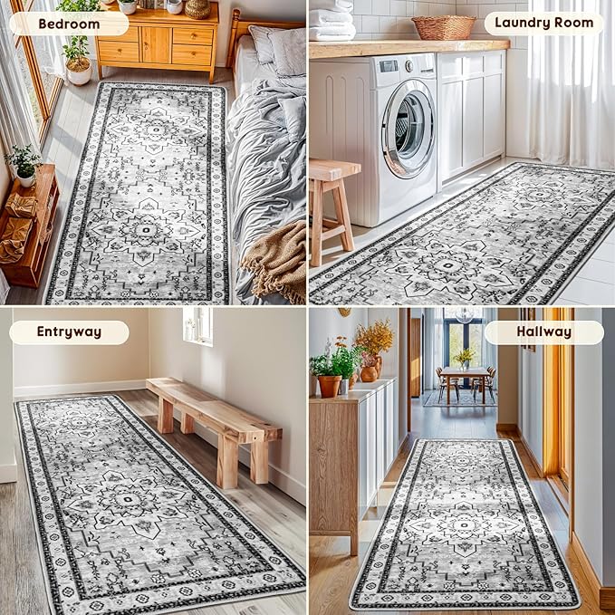 LBRO2M Boho Runner Rug 2X6 Hallway Rug Non Slip Washable Runners for Hallways, Bedroom, Kitchen Laundry Room Pet Friendly Area Rugs (2X6, Gray)