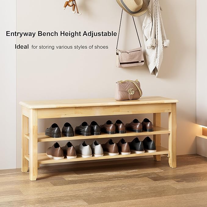 Shoe Storage Bench for Entryway - 3 Tier Shoe Rack for Front Door Entrance, Rubberwood Shoes Rack Height Adjustable, Entryway Bench with Shoes Storage for Any Room (Natural, 39.4" W)