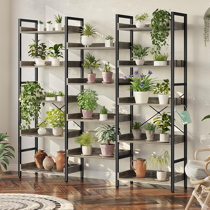 Rolanstar Bookshelf 5 Tiers, Triple Bookcase with Open Display Shelves, Industrial Wide Bookshelf with Metal Frame for Living Room, Office, Grey