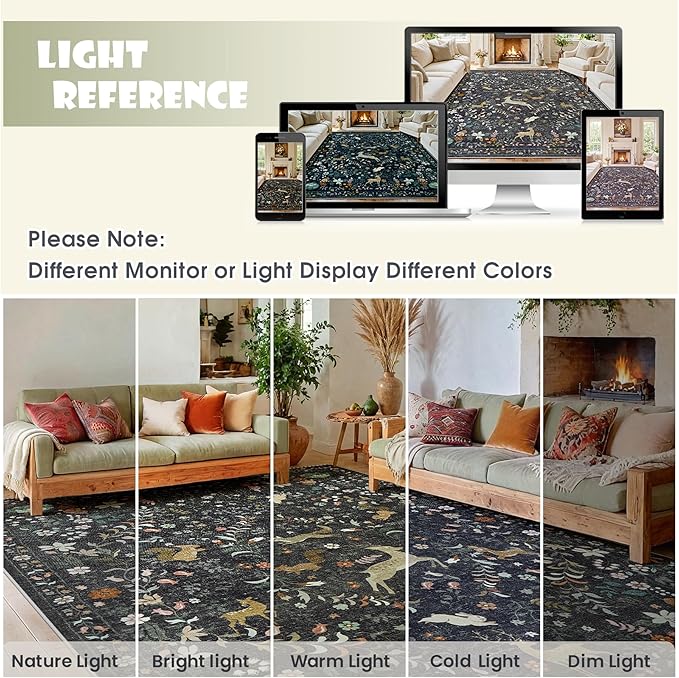 5x7 Area Rugs Washable Rug: Lagre Boho Living Room Rug Soft Non-Slip Thin Carpet Indoor Floor Non-Shedding Neutral Floral Carpets for Bedroom Dining Room Farmhouse Nursery Black