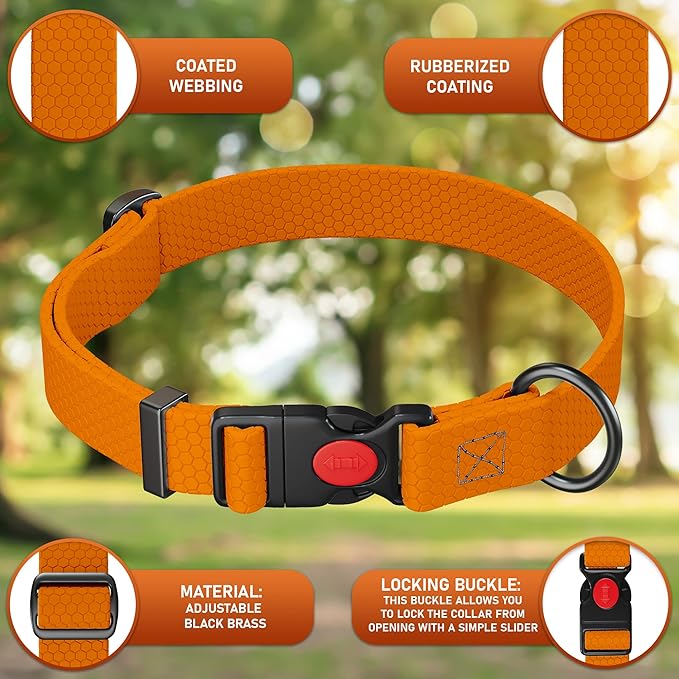 Adjustable Dog Collar with Safety Lock Buckle - Made in USA - Honeycomb Waterproof Heavy Duty Dog Collars for Medium Large Dogs - Odor Proof Pet Collar for Dogs with Strong Zinc D Ring Orange