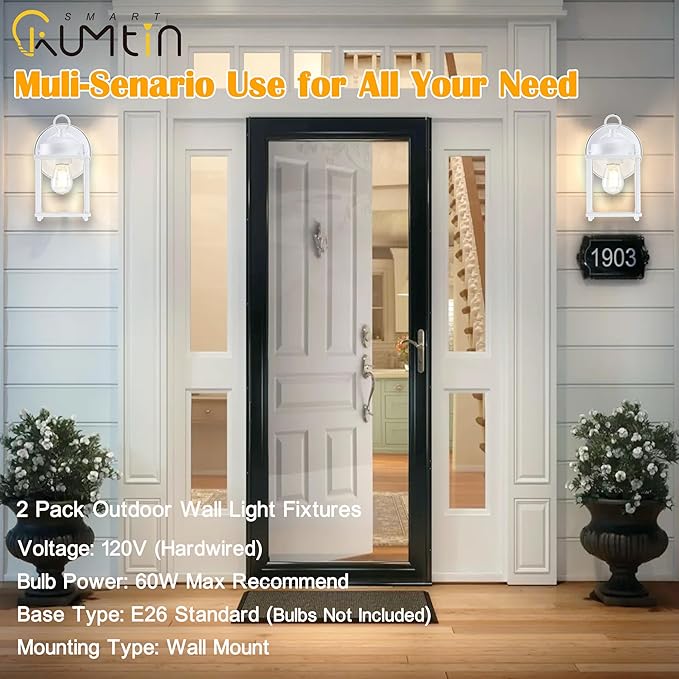 Outdoor Wall Lantern, Exterior Waterproof Wall Sconce Light Fixtures, White Front Porch Lights with Clear Glass, Anti-Rust Metal Outside Lighting Fixture for House Doorway Garage, 2-Pack