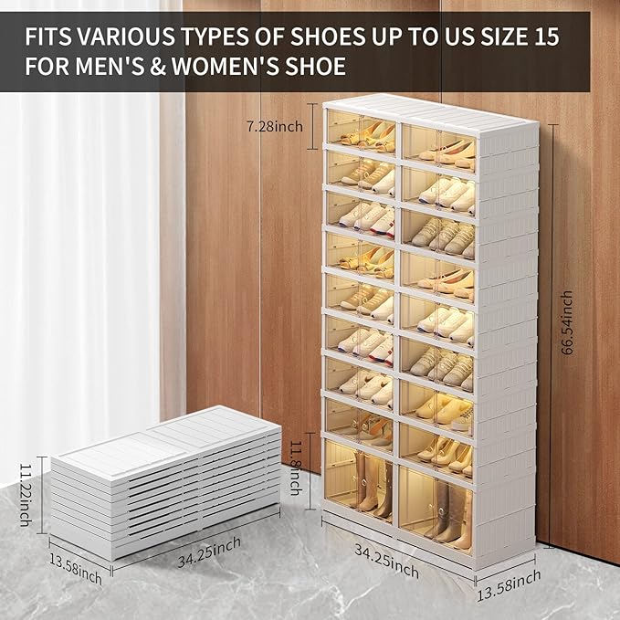 9-Tier Foldable Shoe Rack Organizer for Closet,36Pairs Collapsible Plastic Shoe Shelf,Large Shoes Cabinet with Door,Clear Stackable Storage Box Easy Assembly