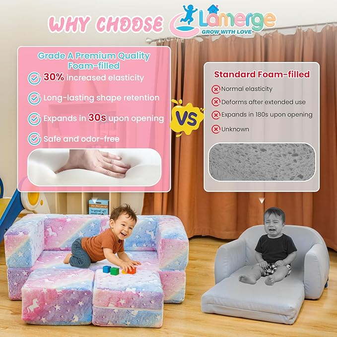 Lamerge Toddler Couch Glow in The Dark Toddler Fold Out Couch for playroom, Convertible Baby Fold Out Play Foam and Floor Cushion for Bedroom (Rainbow+Unicorn)
