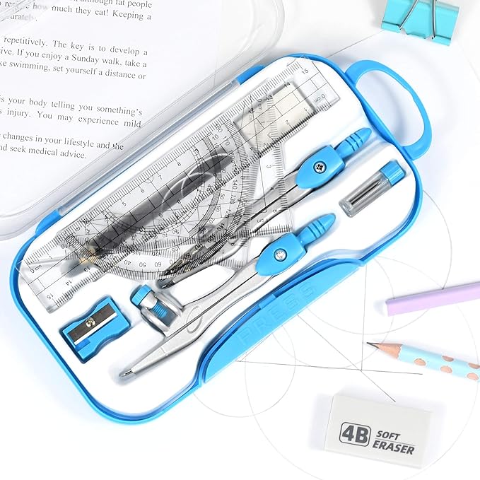 10 Pieces Math Geometry Kit Set Student Supplies with Shatterproof Storage Box,Includes Rulers,Protractor,Compass,Eraser,Pencil Sharpener,Lead Refills,Pencil,for School and Drawings（Blue）