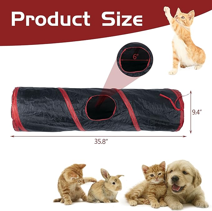 Sheldamy Cat Tunnel, 2-Way Collapsible Play Tunnel, Interactive Toy Maze for Small Animals, Red & Black