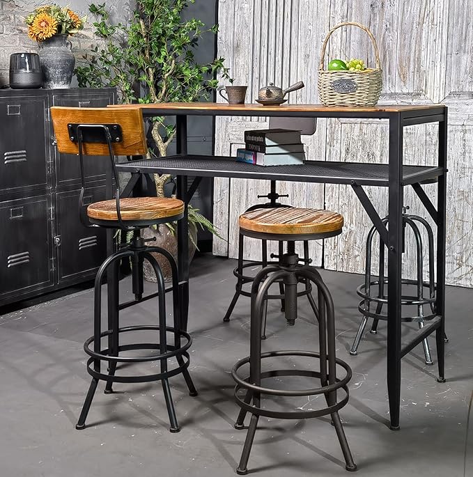 Diwhy Industrial Bar Stool-26-32 Inch Adjustable Swivel Metal Wood Seat Stool Bar Height Bar Stool with Footrest-for Kitchen, Dining Side Chair, Pub, Bistro, Set of 2, Black