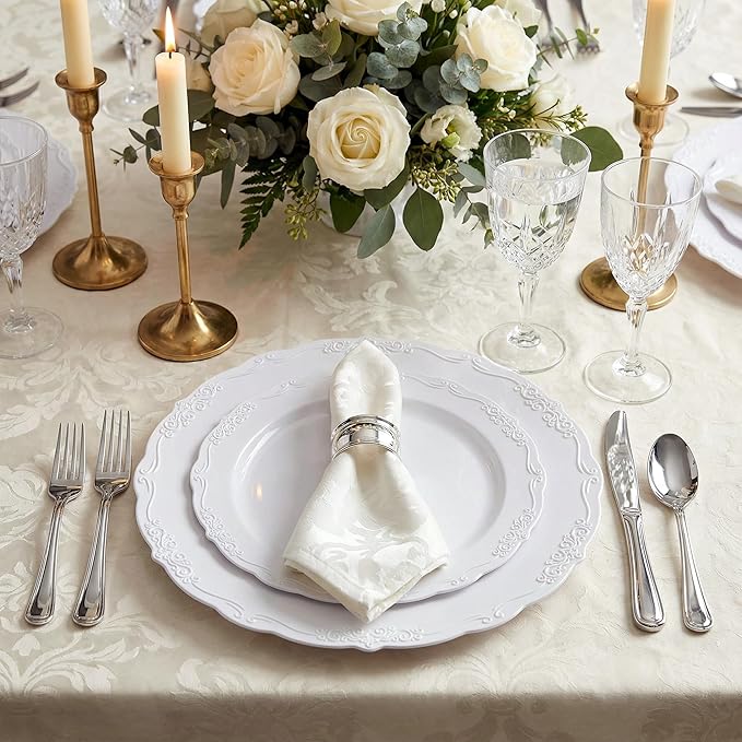U-QE 60PCS White-Plastic-Plates for Party - High End Disposable Plates for Weddings - White Plates Disposable Heavy Duty Including 30PCS 10.25'' Dinner Plates & 30PCS 7.5'' Dessert Plates