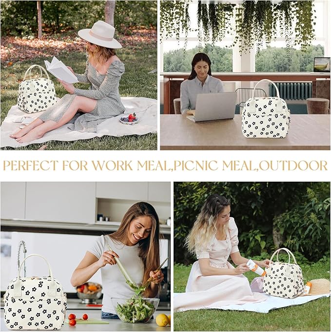 CAMTOP Lunch Box for Women Men Insulated Lunch Bag Lunch Tote Bag Leakproof Thermal Cooler Large Capacity for Travel Work School Picnic (Black Flower)