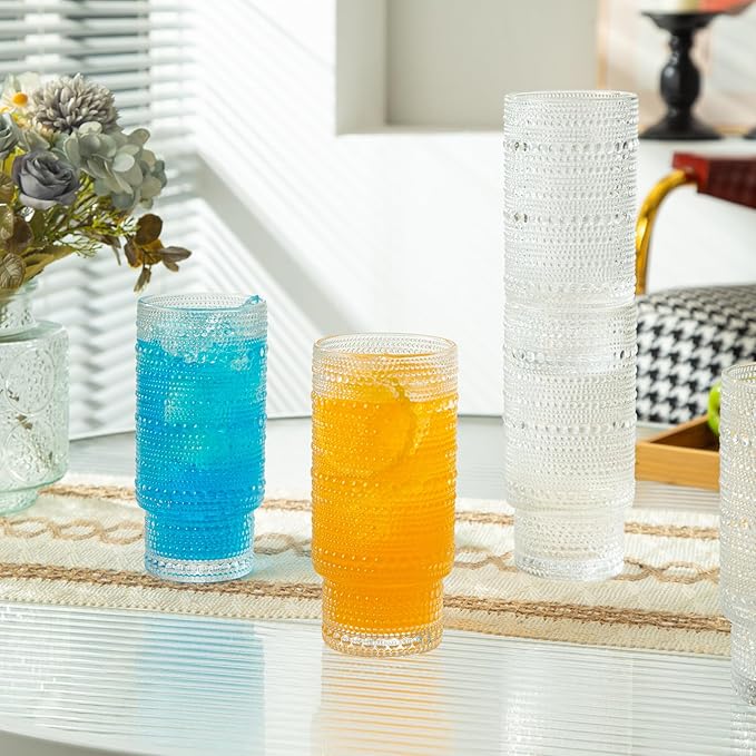 4 Pack Vintage Glassware Drinking Glasses Set, 16 oz Hobnail Glassware, Embossed Clear Water Tumbler, Cocktail Glass Cups for Kitchen and Bar, Perfect for Juice, Iced Coffee, Whiskey, Beer