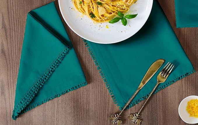 Bedding Craft Cotton Cloth Dinner Napkins Set of 12 – 18x18 Funfare with Decorative Lace Selvedge – Elegant Machine Washable Fabric Napkins for Weddings, Baby Showers, Parties & Dining