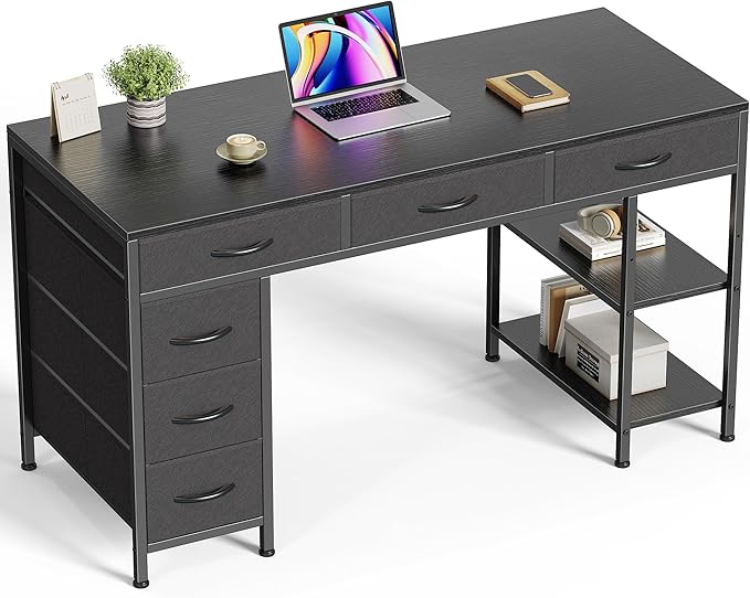 Huuger Computer Desk with 6 Drawers, 47 Inch Office Desk with Shelves, Reversible Gaming Desk, Corner Desk with Storage, Work Desk for Home Office, Study, Living Room, Black