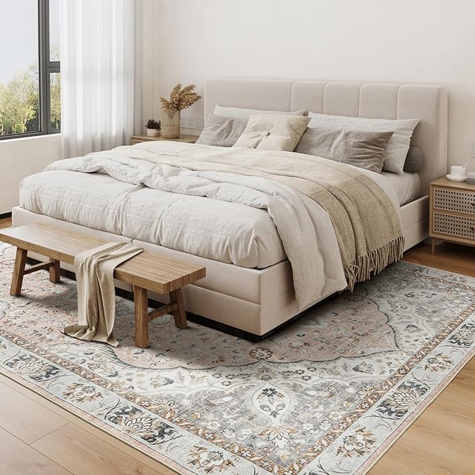 Washable Rug 8x10 Area Rugs for Living Room - Stain Resistant Non-Slip Backing Rugs for Bedroom - Vintage Large Area Rug (Peach/Gray, 8'x10')