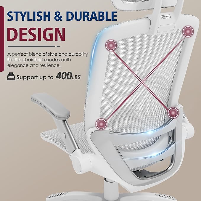 GABRYLLY Ergonomic Office Chair, High Back Home Desk Chair with Headrest, Flip-Up Arms, 90-120° Tilt Lock and Wide Cushion, 400LBS Mesh Chairs for Man Woman, White Task Chair(Grey,GY01WG)