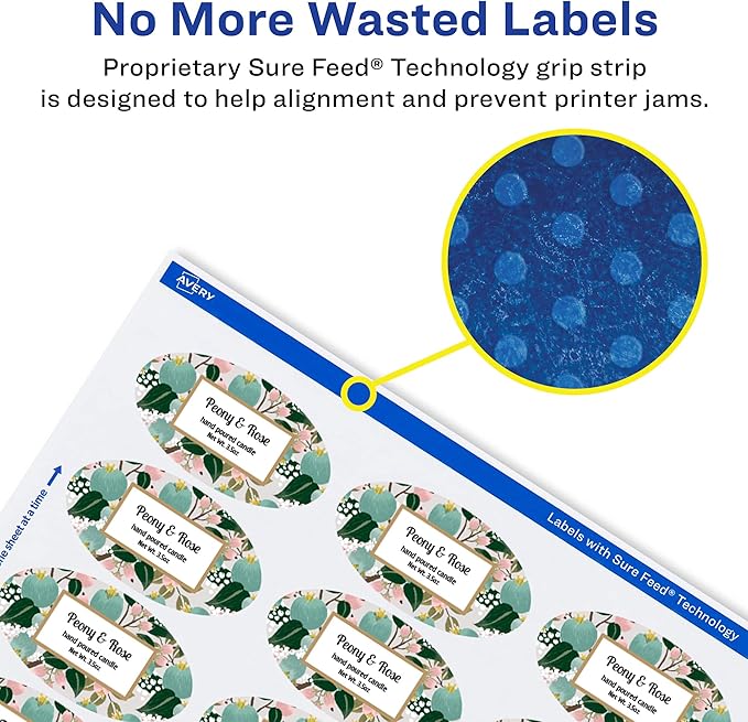 Avery Glossy White Oval Labels, Sure Feed Technology, 2" x 3-1/3", 80 Glossy White Labels, Print-to-The-Edge, Permanent Adhesive, Laser/Inkjet Printable
