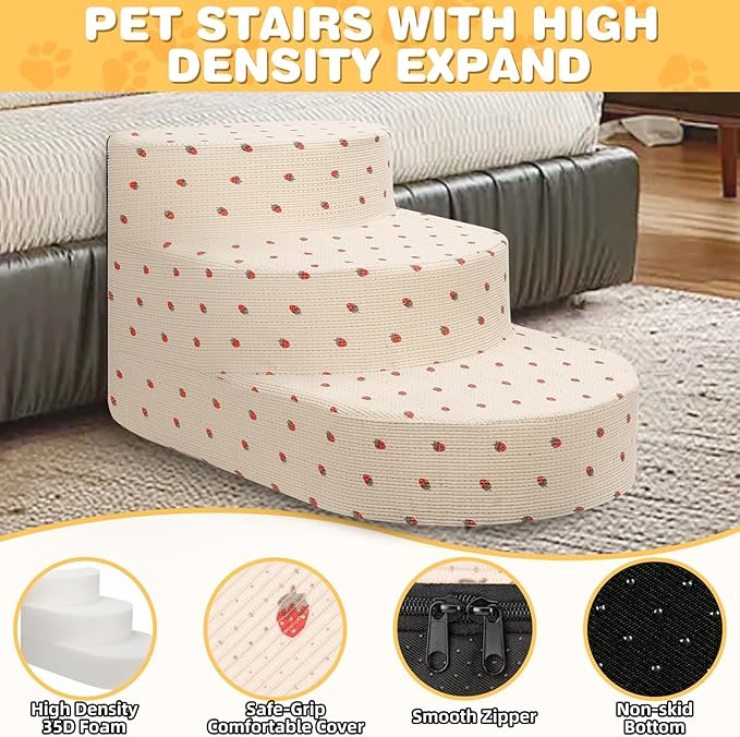 Dog Stairs for Small Dogs, Foam Steps for Small Dogs & Cats, 3 Steps Dog Ramp for High Beds, Couch, Window, Sofa, Pet Stairs with Removable Washable Cover, Non-Slip Sturdy Pet Steps, Strawberry