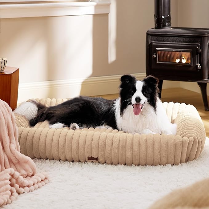 Bedsure Washable Dog Bed for Medium Dogs - Cute Furry Puppy Beds, Rectangle Orthopedic Corduroy Fleece Pet Beds with Removable Zipper Cover, 43x30x8inches, Sandy Beige