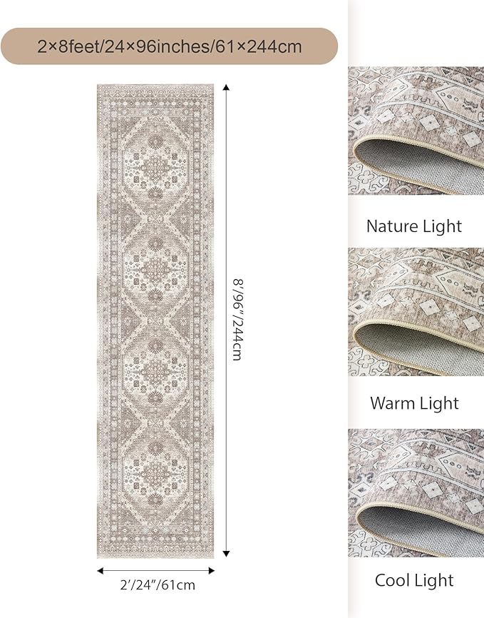 2x8 Runner Rug Washable Hallway Runner Rug Ultra-Thin Soft Kitchen Rug Non Slip Indoor Floor Foldable Carpet with Low Pile for Bathroom Laundry Room Living Room Entryway(Brown/Beige,2'x8')