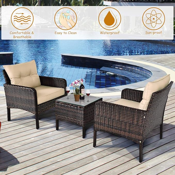 Tangkula 3 Piece Outdoor Patio Furniture Set for 2, Wicker Chairs with Glass Top Coffee Table, Thick Cushions, All Weather Garden Lawn Poolside Backyard Porch (Brown)