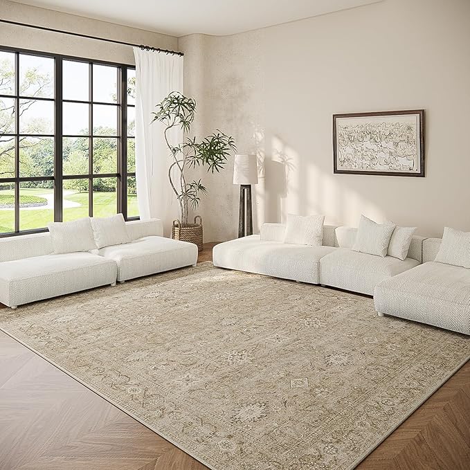 Washable Living Room Area Rugs: 6'x9' Large Rug Stain Resistant Distressed Vintage Boho Carpet Non Slip Low Pile Faux Wool Soft Rug for Kitchen Dining Room Nursery Kids Playroom Farmhouse Bedroom