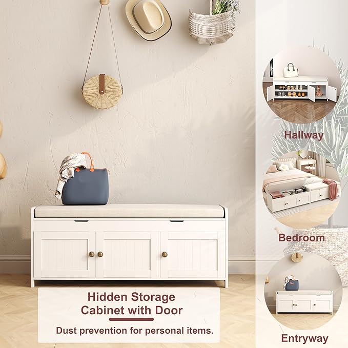 HOMEFORT 41.3" Shoe Bench with Lift Top Storage, Entryway Bench with Cushioned Seat, Wooden End of Bed Bench, Shoe Cabinet Bench with Hidden Storage Space, for Bedroom, Hallway,White