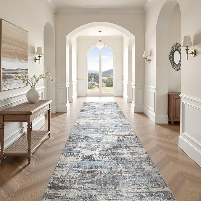 Hallway Washable Runner Rug: 3x14 Abstract Modern Soft Stain Resistant Non-Slip Backing Runner for for Entryway Kitchen Laundry - Blue Grey