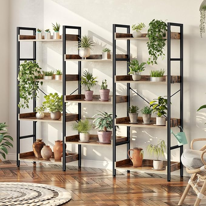 Rolanstar Bookshelf 4 Tiers with 4 Hooks, Triple Bookcase with Open Display Shelves, Industrial Wide Bookshelf with Metal Frame for Living Room, Office, Rustic Brown