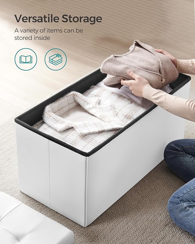 SONGMICS MAZIE Collection - 30 Inches Storage Ottoman Bench with Flipping Lid, Storage Chest Footstool, Load 660 lb, for Entryway, Living Room, Bedroom, Synthetic Leather, White ULSF45WT