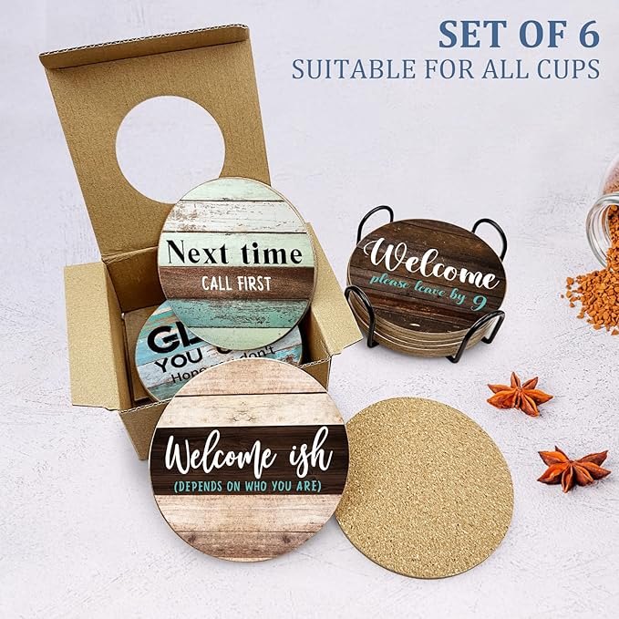 6 PCS Sarcastic Absorbent Cork Coasters for Drinks,Farmhouse Bar for Drinks with Holder,Funny Coasters to Protect Your Coffee Table,Gift for New Home Housewarming Bar Decor