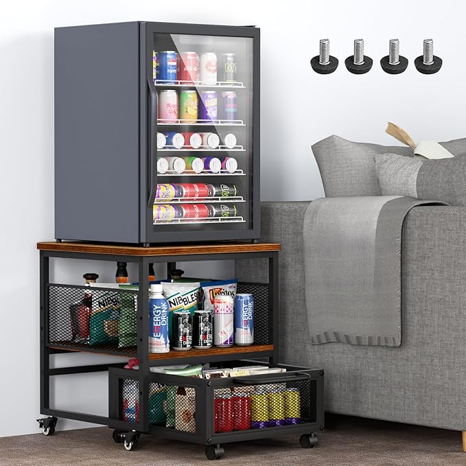 21x21in Mini Fridge Stand with Storage, Heavy Duty Mini Fridge Table with 4 Lockable Wheels for Coffee Bar 220LBS Compact Beverage Refrigerator Stand Cabinet Dorm Fridge Cart for Office Home (Brown)