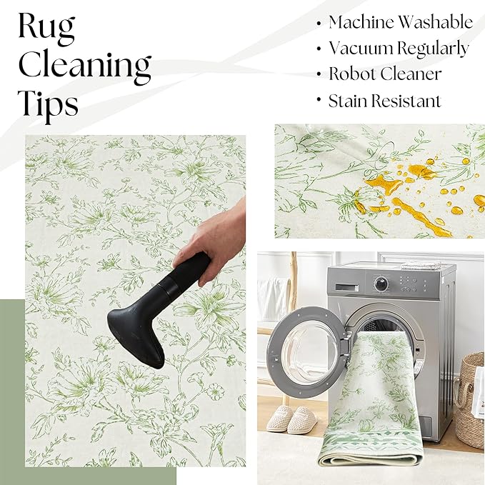 Floral Area Rug for Bedroom 5x8 Sage Green and Cream Beige Vintage Boho Floral Sketch Style, Washable Low Pile Non Slip Area Rugs for Nursery Living Dining Room, Cozy Aesthetic Home Decor