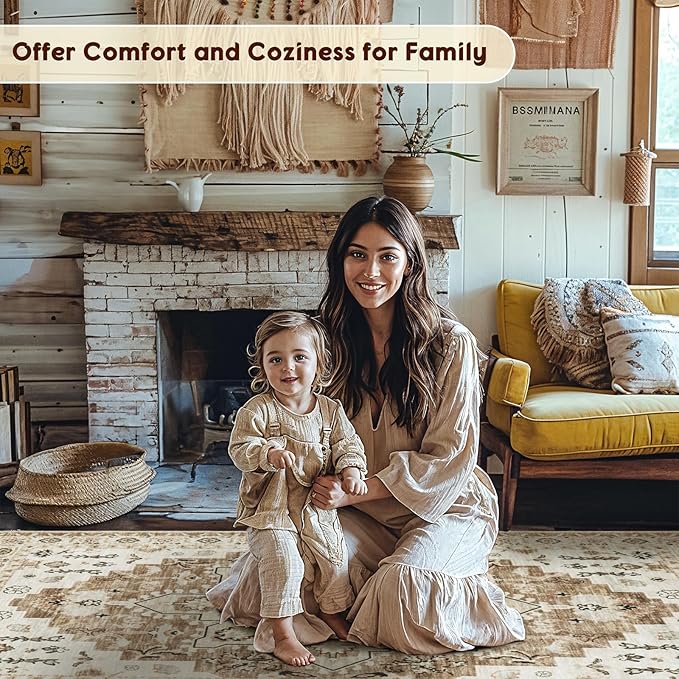 LBRO2M Boho Area Rug 5X7 Washable Rugs for Bedroom Low Piles Indoor Carpet, Non Slip Soft Rug for Living Room, Dining Room, Cream Rug Foldable Pet Friendly Area Rugs Stain Resistant (5'X7' Cream)