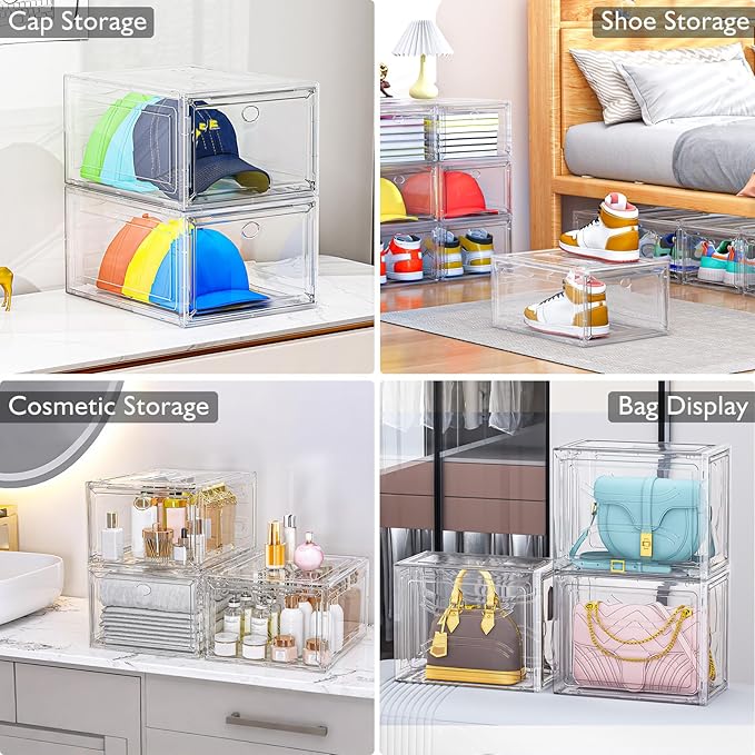 7 code Large Clear Shoe Boxes Organizer【Thicker Material】 Stronger Shoe Box with Magnetic Door, Stackable Shoe Storage Box for Closet, Foldable Space-Saving Storage Bins Shoe Cabinet, White 9 Pack