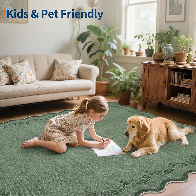 GarveeHome 2.6x10 Scalloped Washable Runner Rug for Kitchen, Soft Dark Green Long Hallway Runner Non Slip Entryway Rug Farmhouse Thin Laundry Mat Stain Resistant Carpet for Bathroom Beside Rug