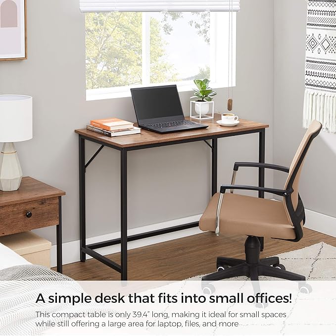 VASAGLE Computer Desk, Office Work Desk, for Small Spaces, 19.7 x 39.4 x 29.5 Inches, Industrial Style, Metal Frame, Hazelnut Brown and Black ULWD041B03