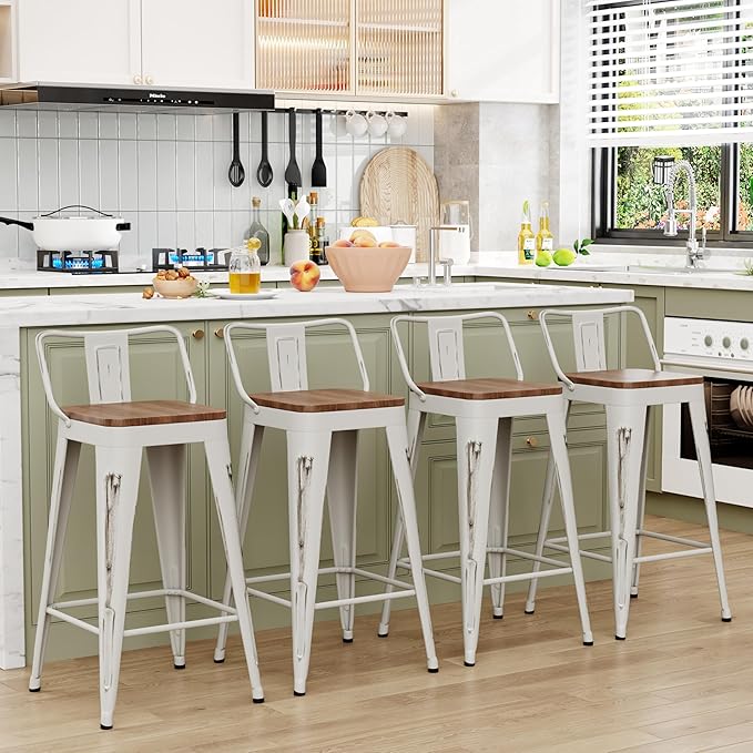 WENTMENT Bar Stools Set of 4 Counter Height Bar Stools Metal Barstools with Removable Back 30" Kitchen Bar Stools with Wooden Seat, Distressed White