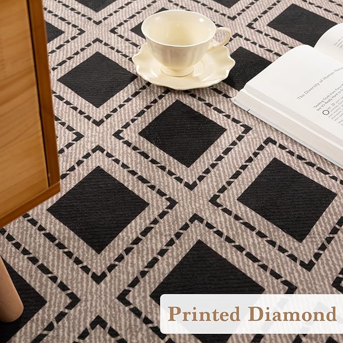 LBRO2M Checkered 9X12 Area Rug for Living Room Washable Rugs for Bedroom Dining Room Non Slip Modern Rugs Easy Clean, Soft, Stain Resistant Carpet Great for Pets and Family (9'X12' Black)