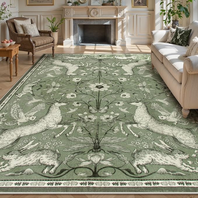 Lahome Boho Animal Washable Rugs for Living Room 8x10, Green Soft Rugs for Bedroom, Botanical Large Boho Non Slip Dining Room Carpet for Under Table Office Kids Playroom (8x10ft,Green)