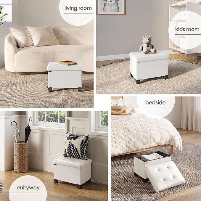 STORAGEBUD Storage Ottoman Cube with Small Bin, 16-in Square Ottoman with Storage for Living Room and Bedroom, Small Ottomans Foot Rest, Faux Leather Foot Stools Ottomans Max 330lbs, Cream