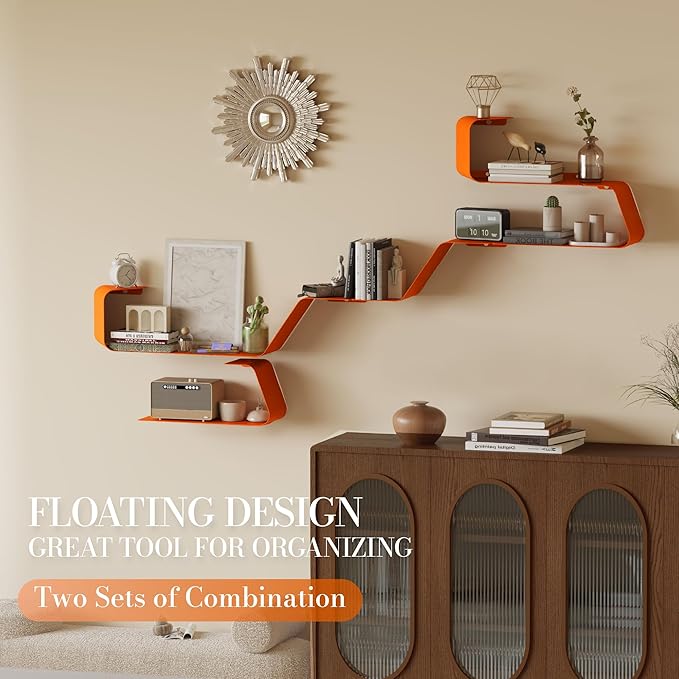 Floating Wall Shelves Set of 3, Metal Mounted Shelf with Unique Design, Bookshelf for Storage & Display in Bathroom, Bedroom, Kitchen, Living Room, Orange Home Decor