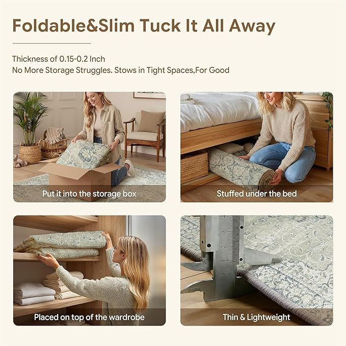 HUGEAR Machine Washable Area Rugs 6x9 Vintage Sage Green Living Room Bedroom Rug Neutral Style Non Slip Stain Resistant Low Pile Throw Carpet for Home Retro Aesthetic Modern Decor