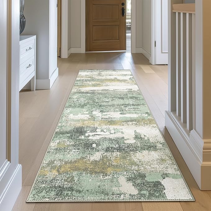 Runner Rug for Hallway Kitchen, 2x8 Machine Washable Runners Rug for Entryway, Light Green Soft Modern Abstract Throw Rugs, Low Pile Floor Carpet with Non Slip Backing