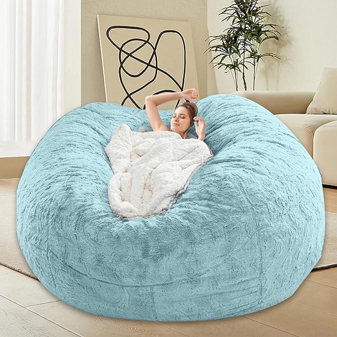 Bean Bag Chairs for Kids Comfy Fluffy Big Joe Bean Bag Chair Cover Without Filler Round Sofa Chairs for Bedroom Living Room Decor, 5FT, Light Blue
