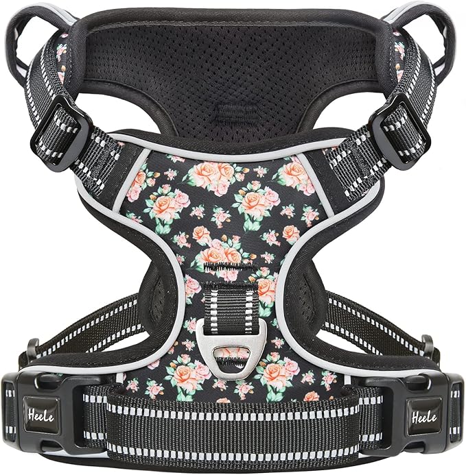 HEELE Dog Harness Harness for Small Dogs No Pull Dog Vest Harness for Small Dog with Soft Padded Handle Reflective for Outdoor Training, Flower-Black, S