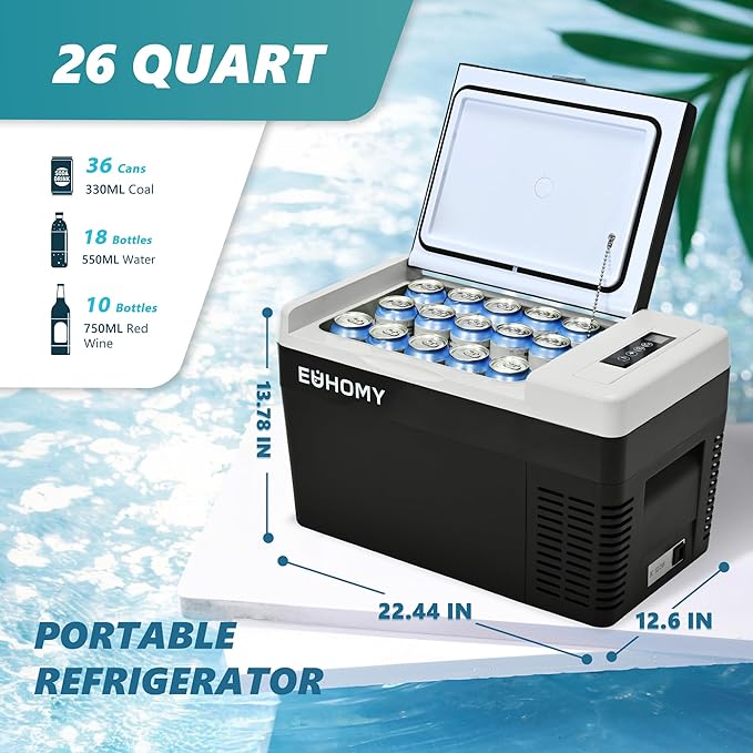 EUHOMY 12 Volt Refrigerator, 26QT(25L) Compressor Electric Cooler APP Control, Car Fridge -4℉~68℉, Portable Refrigerator 12/24V DC 110-240V AC, Portable Freezer for Camping, Travel, Boat
