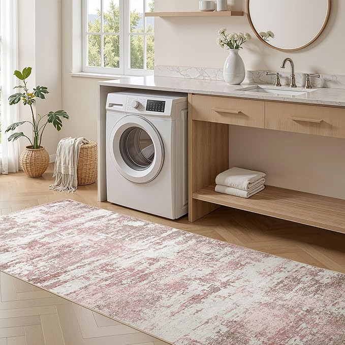 Area Rugs for Living Room: 3x10 Abstract Washable Rug Modern Neutral Large Soft Stain Resistant Non-Slip Backing Machine Table for Bedroom Dining Room Indoor Home Office Carpet - Pink