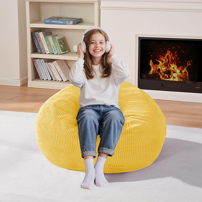 Homguava 2FT Bean Bag Chair,Teardrop Bean Bags Small Beanbag Chair with Memory Foam Filled and Ultra Soft Corduroy Cover for Living Room, Bedroom (Yellow)